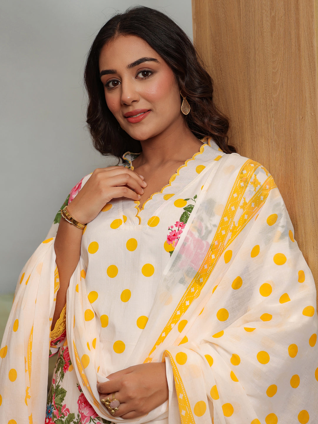Yellow Polka Printed V-Neck Kurta Set with Dupatta