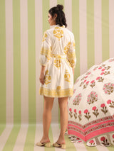 White & Yellow Mughal Motif Tiered Cotton Dress with Lining