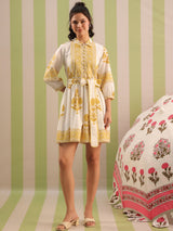 White & Yellow Mughal Motif Tiered Cotton Dress with Lining
