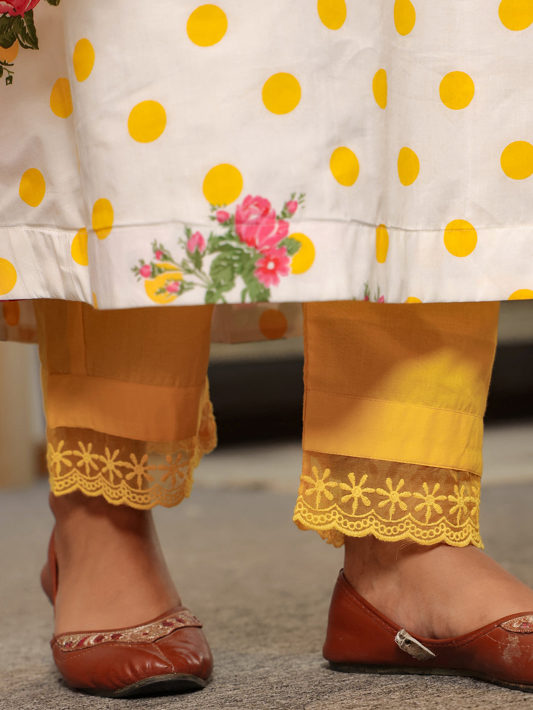 Yellow Polka Printed V-Neck Kurta Set with Dupatta