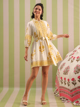 White & Yellow Mughal Motif Tiered Cotton Dress with Lining
