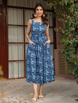 Blue Paisley Printed Sleeveless Cotton Wrap Dress