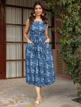 Blue Paisley Printed Sleeveless Cotton Wrap Dress