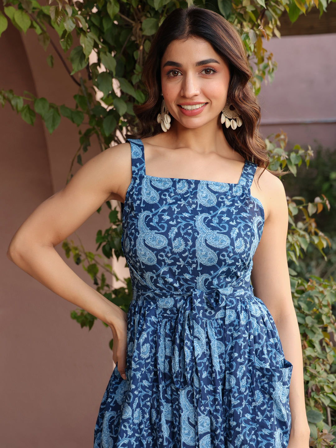 Blue Paisley Printed Sleeveless Cotton Wrap Dress