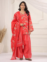 Red Floral Printed Farshi Salwar Suit Set with Dupatta