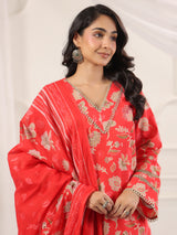 Red Floral Printed Farshi Salwar Suit Set with Dupatta