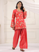 Red Floral Printed Farshi Salwar Suit Set with Dupatta