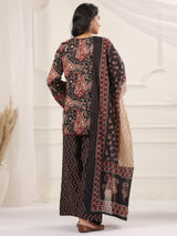 Black Paisley Printed Cotton Kurta, Farshi Salwar & Dupatta Set