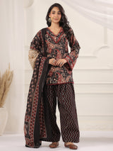 Black Paisley Printed Cotton Kurta, Farshi Salwar & Dupatta Set