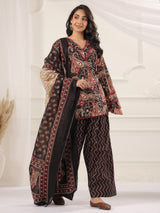 Black Paisley Printed Cotton Kurta, Farshi Salwar & Dupatta Set