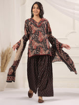 Black Paisley Printed Cotton Kurta, Farshi Salwar & Dupatta Set