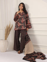 Black Paisley Printed Cotton Kurta, Farshi Salwar & Dupatta Set
