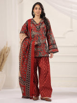 Maroon Paisley Printed Cotton Kurta, Farshi Salwar & Dupatta Set