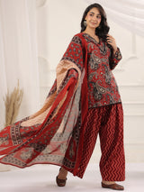 Maroon Paisley Printed Cotton Kurta, Farshi Salwar & Dupatta Set
