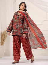 Maroon Paisley Printed Cotton Kurta, Farshi Salwar & Dupatta Set