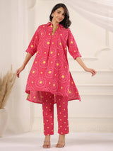 Deep Pink Bandhej Printed Anti-Fit/Lose-Fit Kurta with Pants