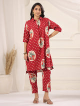 Red Victorian Printed Anti-Fit/Lose-Fit Kurta with Pants