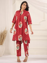 Red Victorian Printed Anti-Fit/Lose-Fit Kurta with Pants