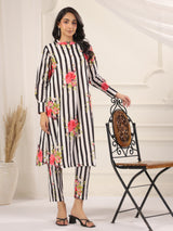 White Black Stripes Printed Cotton Kurta and Pants Set