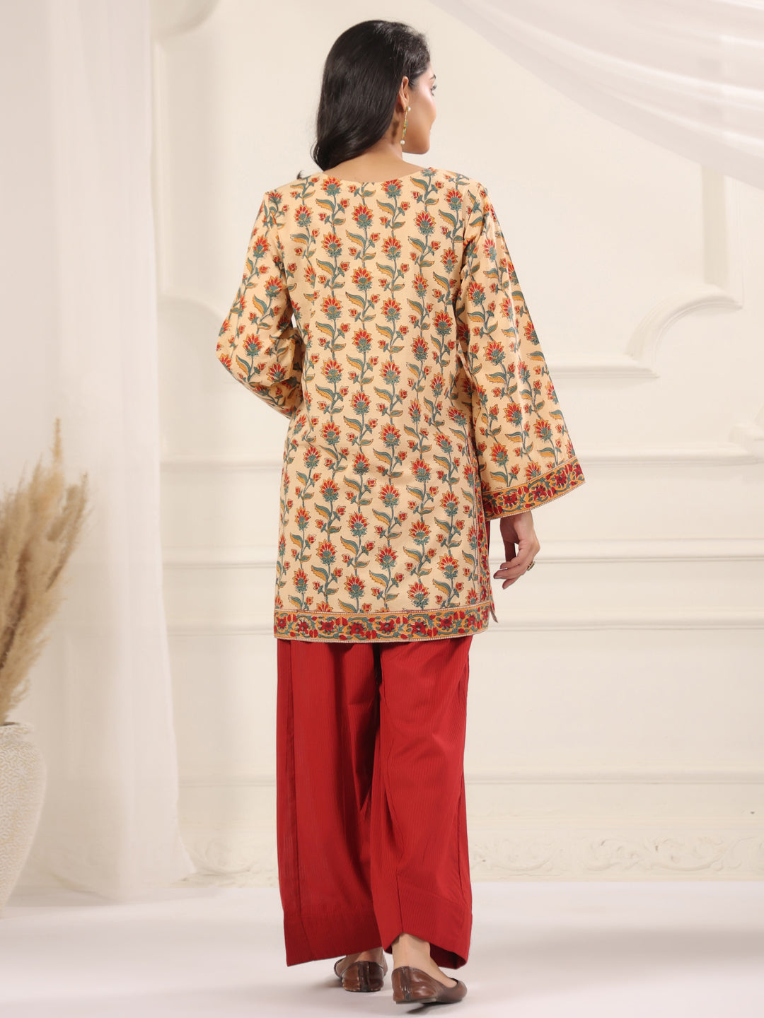 Beige Floral Printed Kurta with Red Farshi Salwar Set