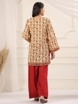 Beige Floral Printed Kurta with Red Farshi Salwar Set