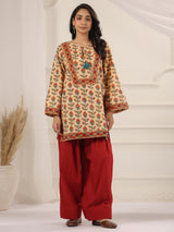 Beige Floral Printed Kurta with Red Farshi Salwar Set