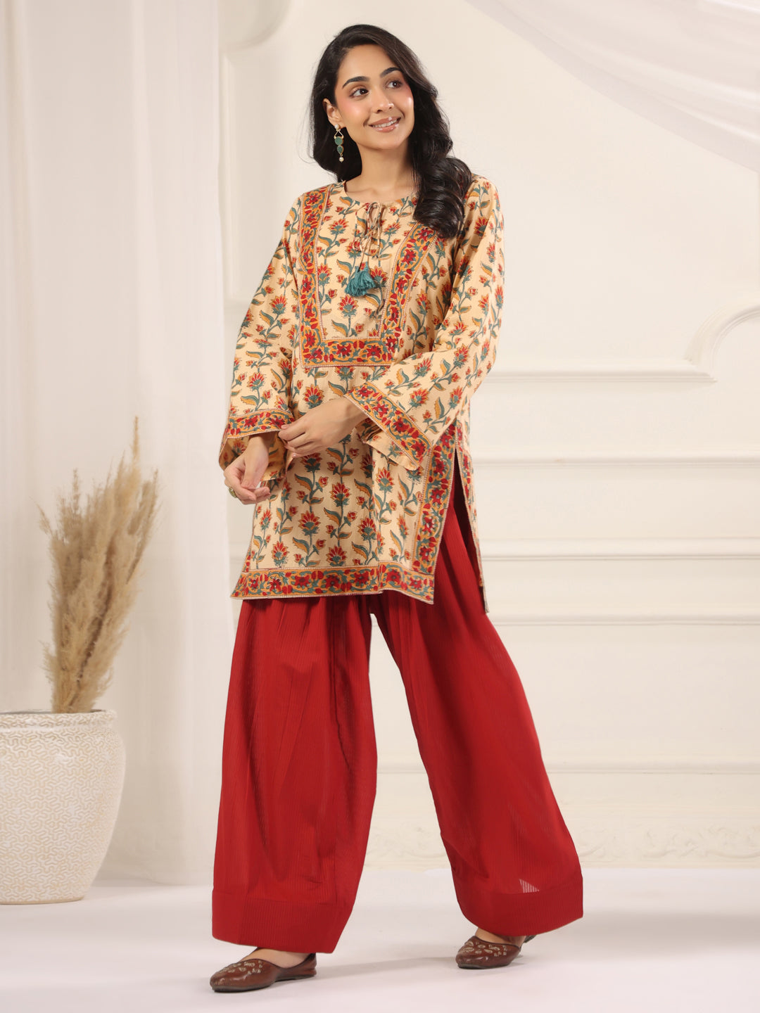 Beige Floral Printed Kurta with Red Farshi Salwar Set