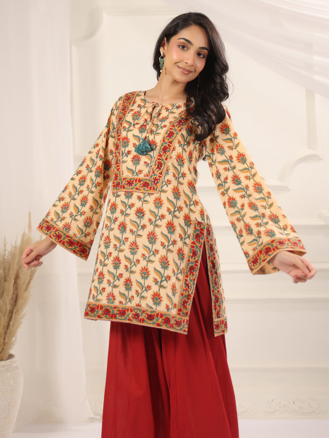 Beige Floral Printed Kurta with Red Farshi Salwar Set