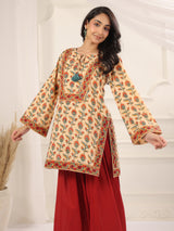 Beige Floral Printed Kurta with Red Farshi Salwar Set