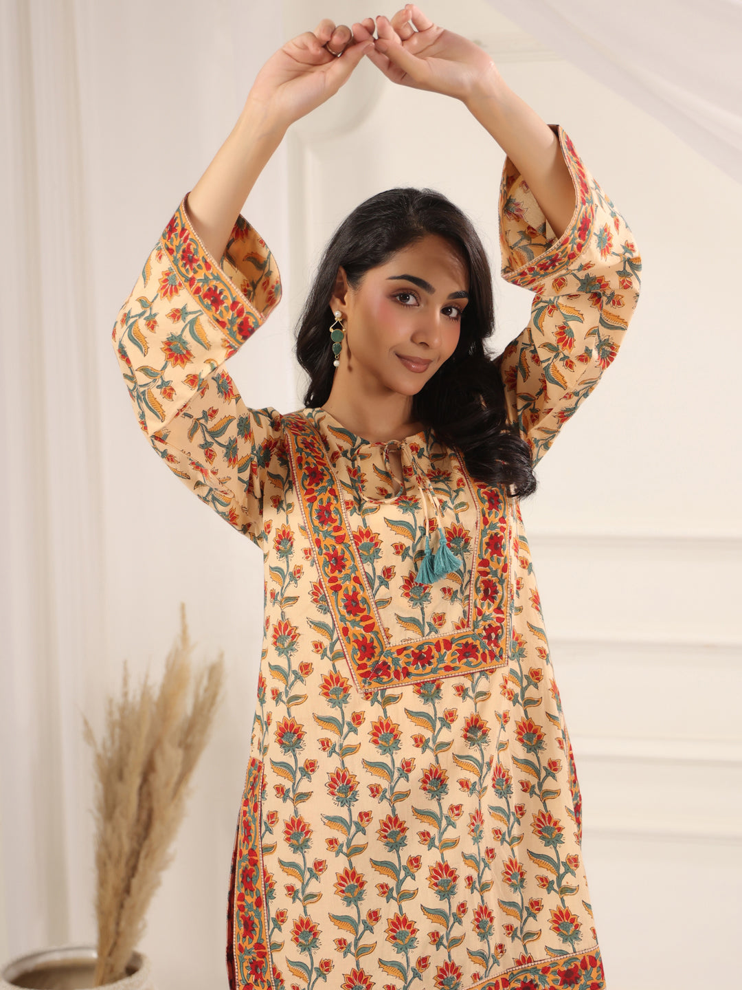 Beige Floral Printed Kurta with Red Farshi Salwar Set