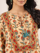 Beige Floral Printed Kurta with Red Farshi Salwar Set