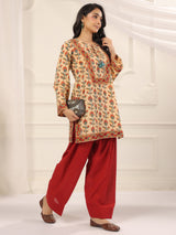 Beige Floral Printed Kurta with Red Farshi Salwar Set