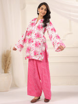 White Floral Pure Cotton Printed Farshi Kurta & Salwar Set