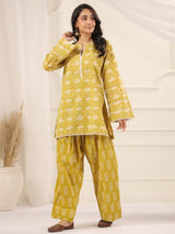 Mustard Pure Cotton Hand Block Printed Farshi Kurta Set