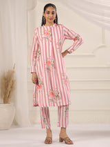White Pink Stripes Printed Cotton Kurta and Pants Set