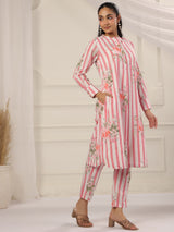 White Pink Stripes Printed Cotton Kurta and Pants Set