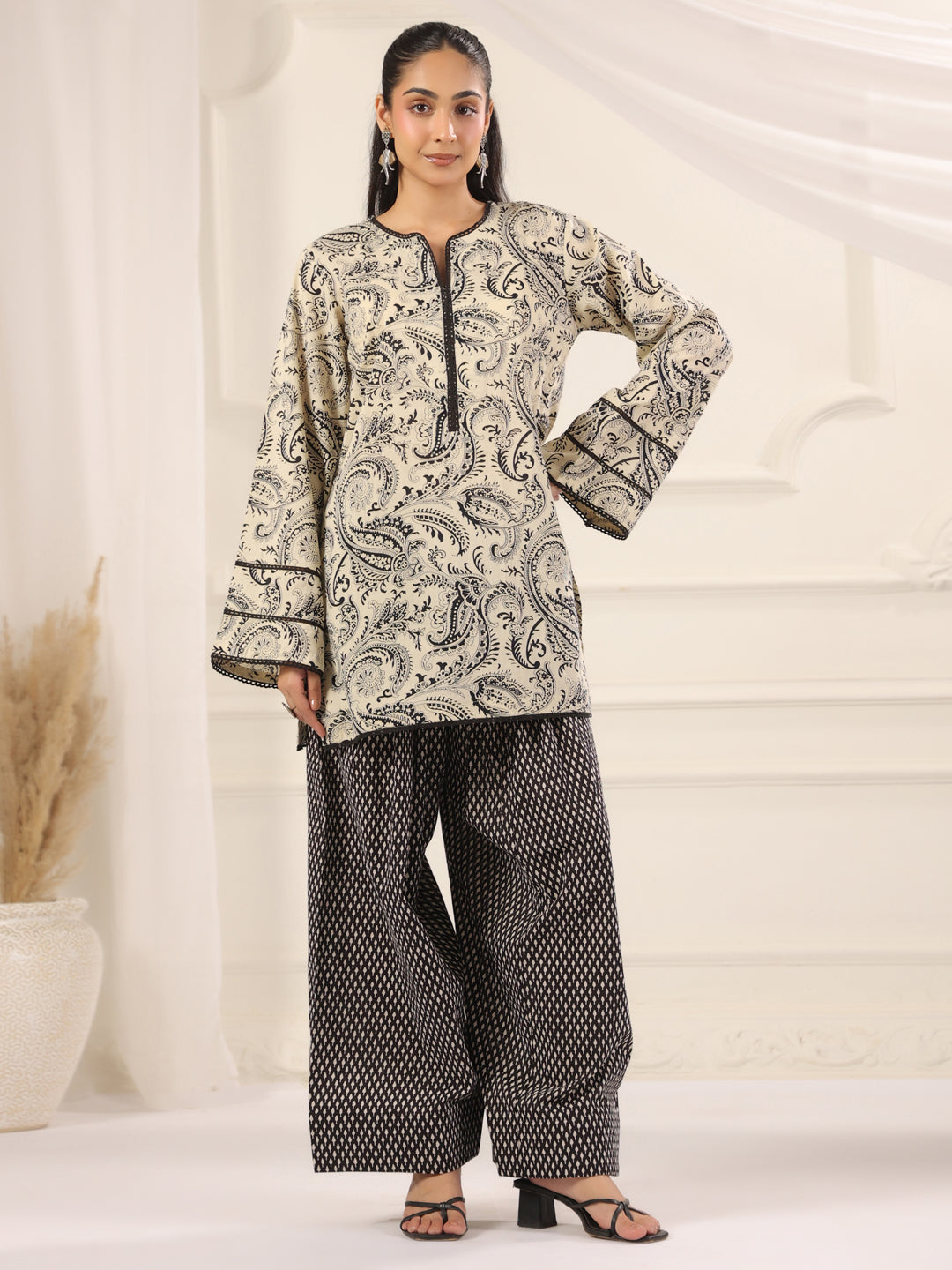 Black and Cream Hand Block Printed Farshi Kurta & Salwar Set