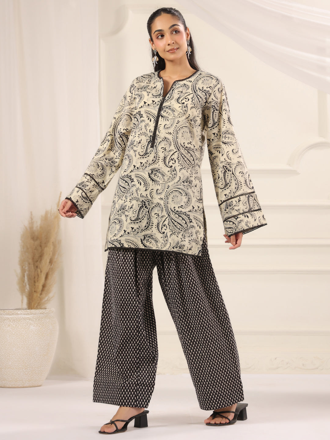 Black and Cream Hand Block Printed Farshi Kurta & Salwar Set