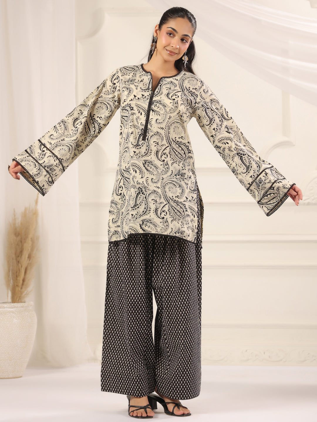 Black and Cream Hand Block Printed Farshi Kurta & Salwar Set