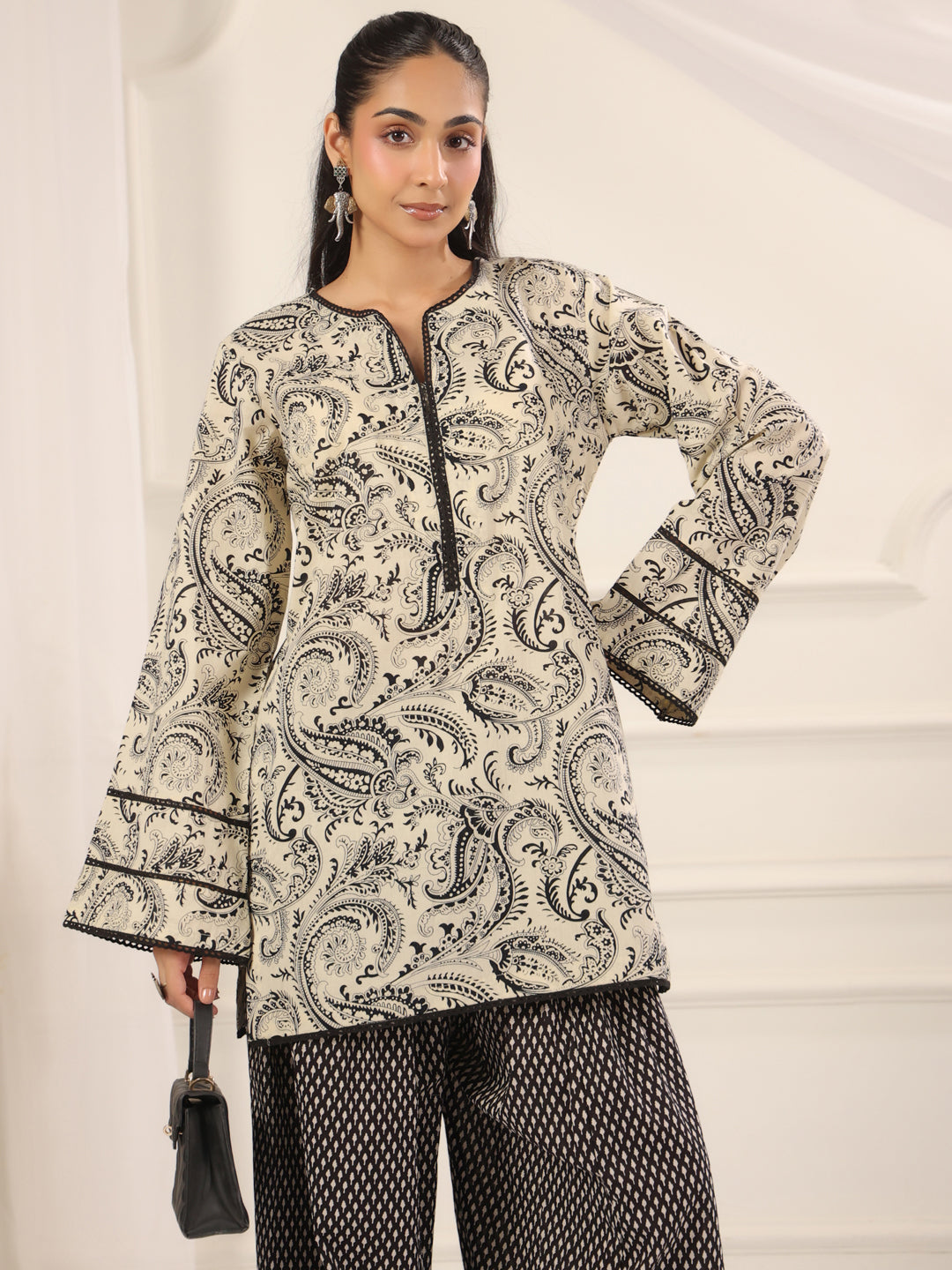 Black and Cream Hand Block Printed Farshi Kurta & Salwar Set