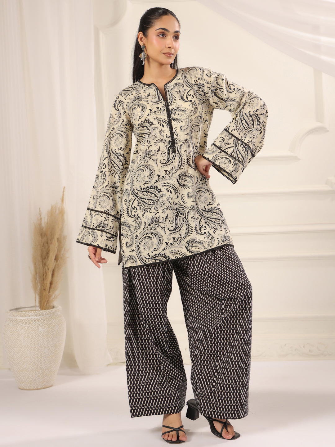 Black and Cream Hand Block Printed Farshi Kurta & Salwar Set