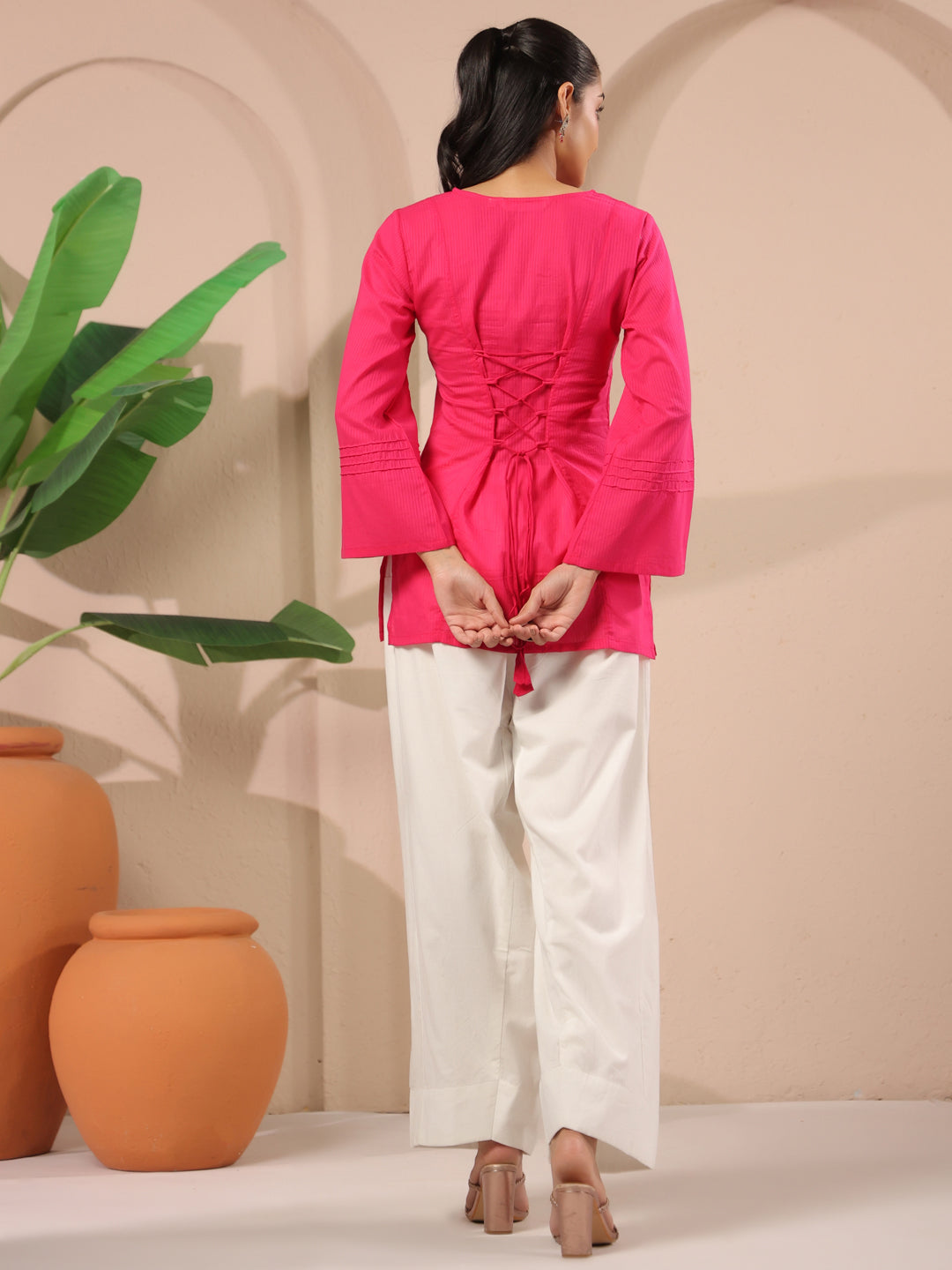 Pink Corset-Style Pure Cotton Top With Tie-up Details