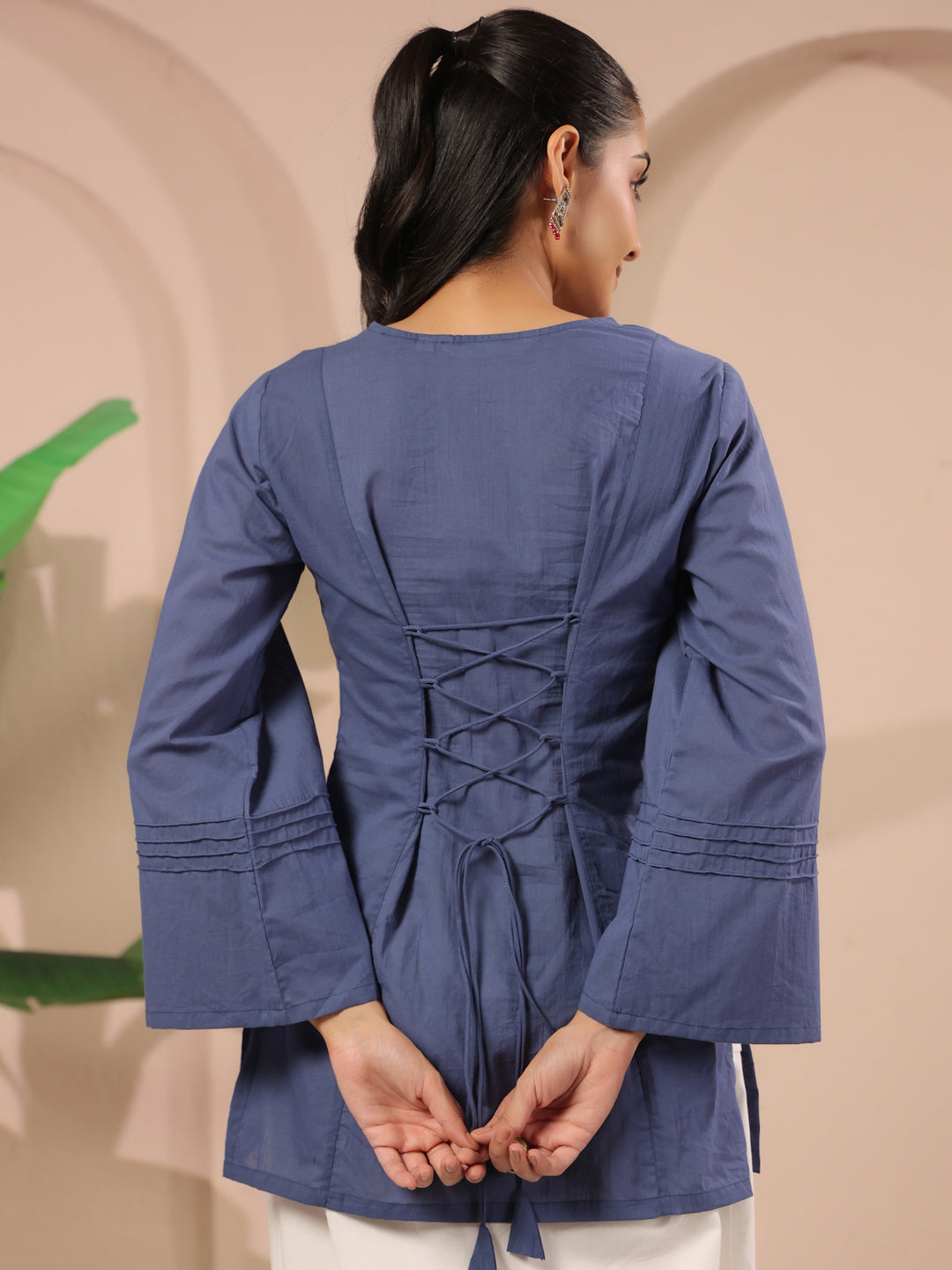 Blue Corset-Style Pure Cotton Top With Tie-up Details