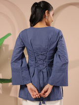 Blue Corset-Style Pure Cotton Top With Tie-up Details