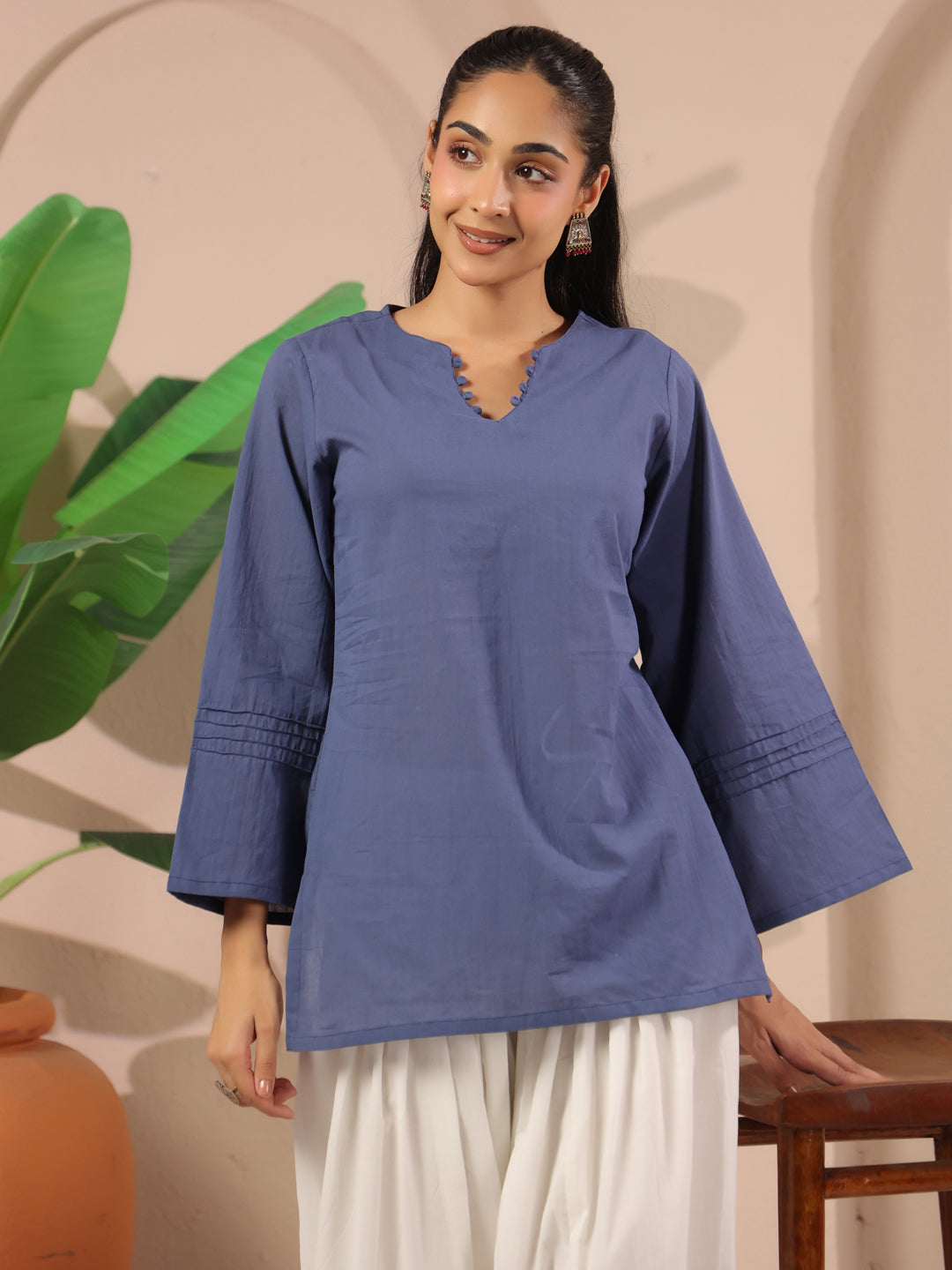 Blue Corset-Style Pure Cotton Top With Tie-up Details