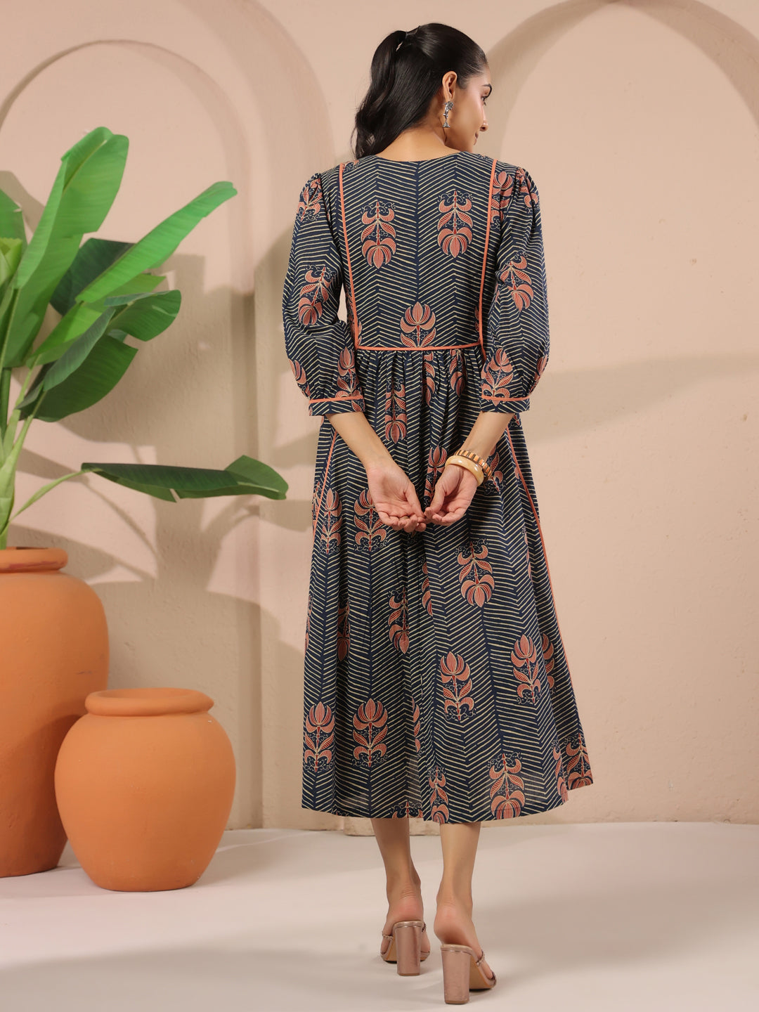 Navy Blue Floral Printed Cotton Midi Dress