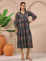 Navy Blue Floral Printed Cotton Midi Dress