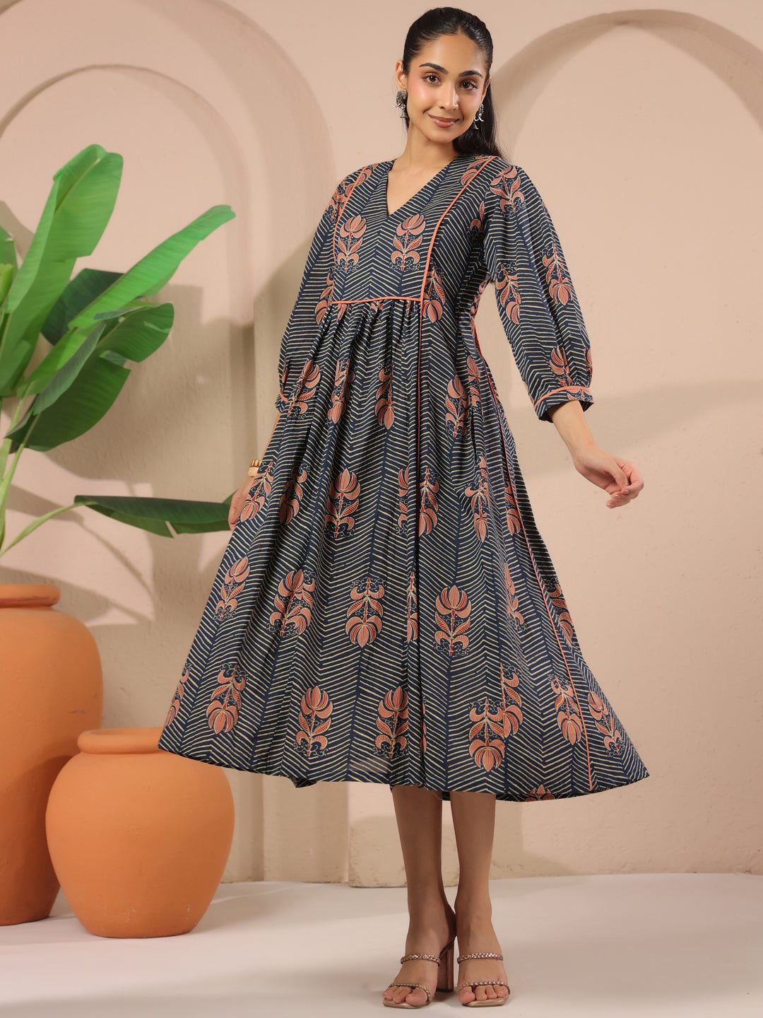 Navy Blue Floral Printed Cotton Midi Dress
