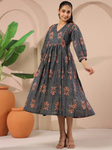 Navy Blue Floral Printed Cotton Midi Dress