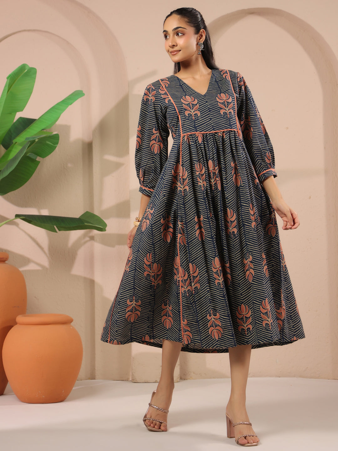 Navy Blue Floral Printed Cotton Midi Dress